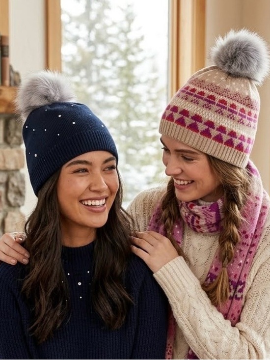 Kooringal Accessories - Women's Cozy Wool Pom-Pom Beanie Bundle Navy and Cream